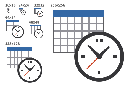 Calendar and Clocks Icon Sizes